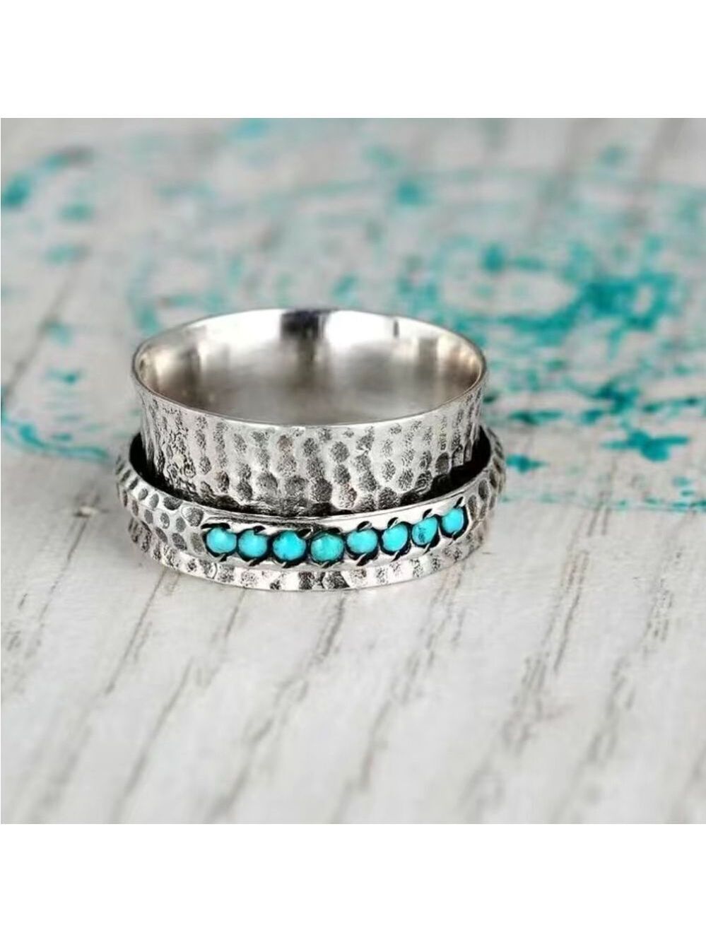 Boho Style Wide Ring Hammered Inlaid Turquoise Rotatable Design For Releasing - Picture 7 of 8